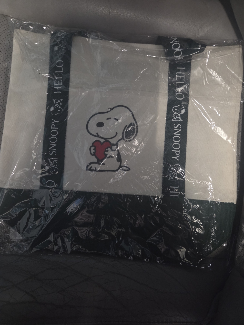 Snoopy Canvas Tote in White, Black, Red and Dark Green